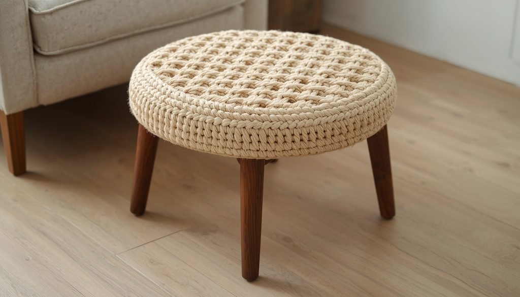 Custom woven rope ottoman stool with padded top and tapered wooden legs