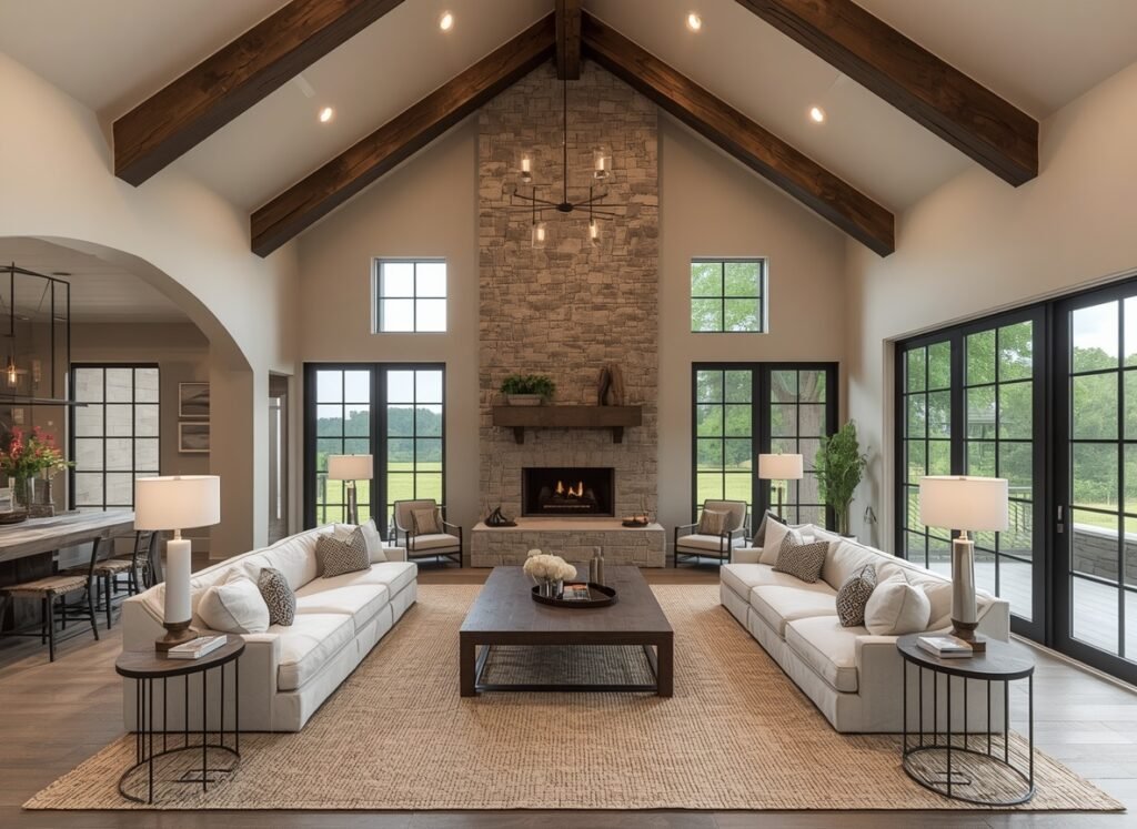 Modern farmhouse setup with dark ceiling beams, stone fireplace, white sofas, and black grid windows.