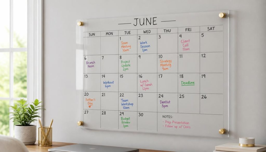 Modern floating acrylic wall calendar with brass standoffs for aesthetic DIY room decor