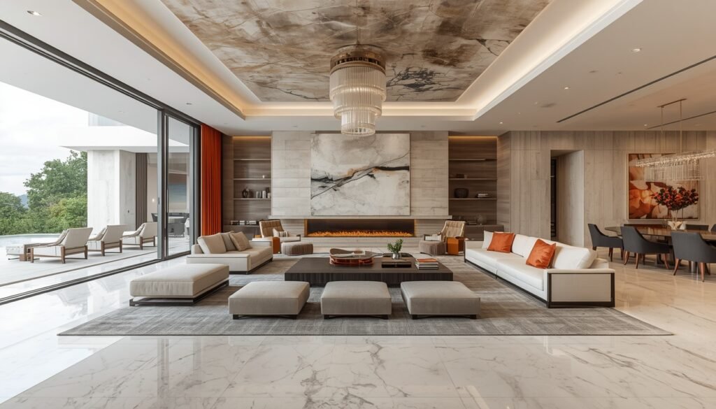Villa interior featuring high ceilings, marble floors, long fireplace, white sofas with orange pillows, and pool view doors.