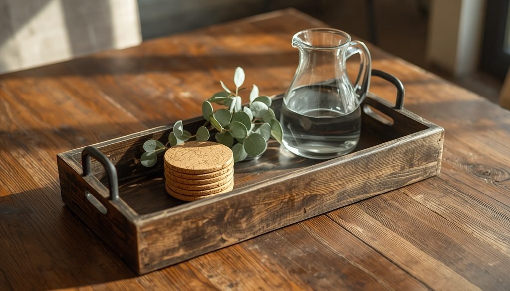Reclaimed wood table centerpiece tray with metal handles on dining table