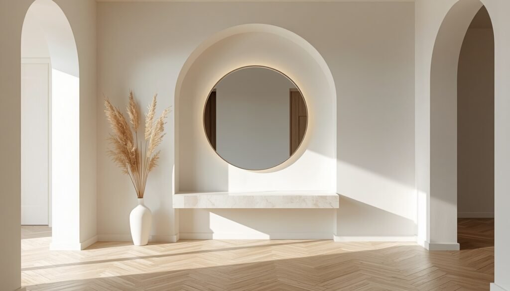 35 Modern House Interior Design Ideas to Upgrade Your Space 5 Modern foyer entryway with arched wall niche, backlit round mirror, light wood herringbone floor, and dried grass vase.