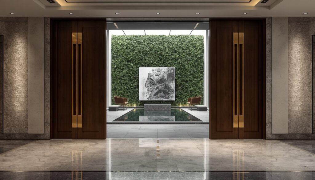 35 Modern House Interior Design Ideas to Upgrade Your Space 6 Luxury entrance with dark wood double doors, polished grey marble frame, and view of a green courtyard with water pond.