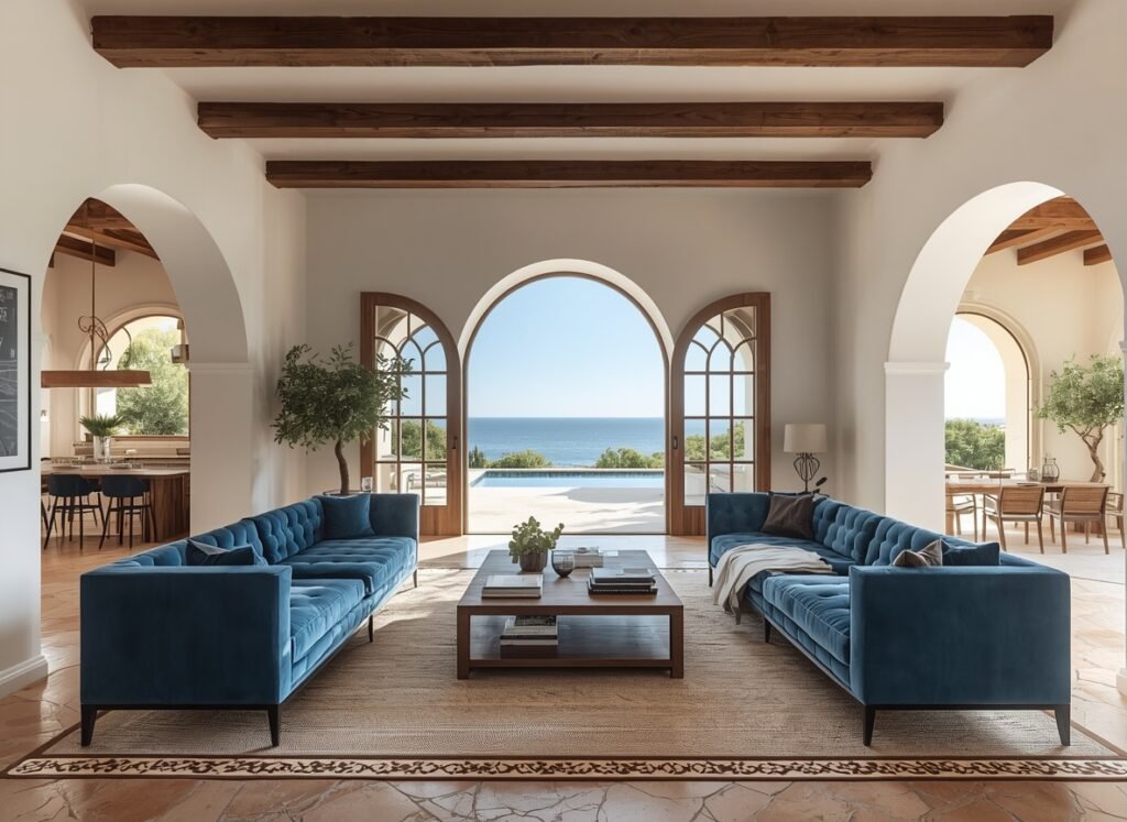 35 Modern House Interior Design Ideas to Upgrade Your Space 7 Coastal living room with blue sofas, wooden coffee table, white arched glass doors, and dark wood ceiling beams.