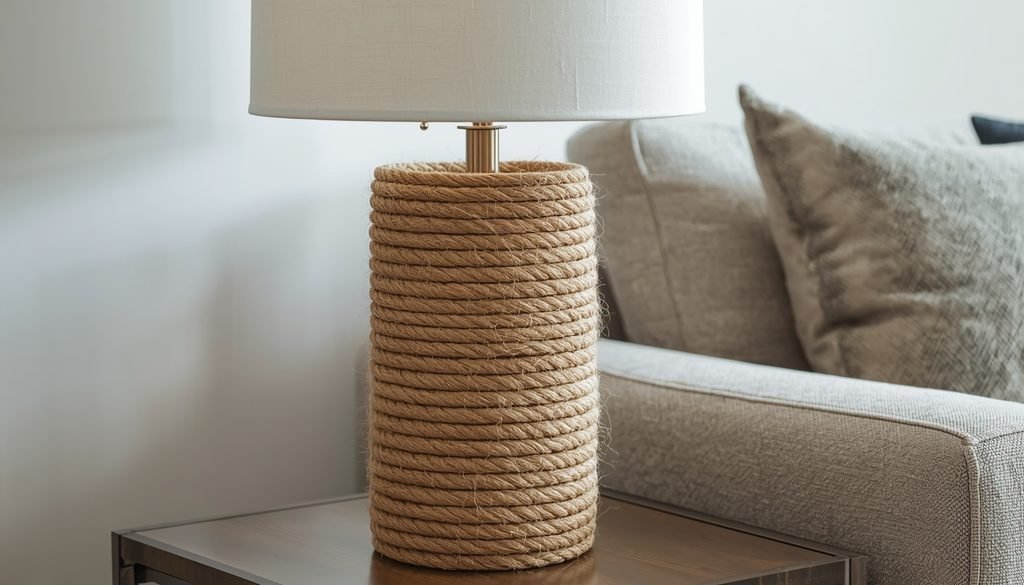 Rope wrapped cylinder table lamp with natural jute cord texture