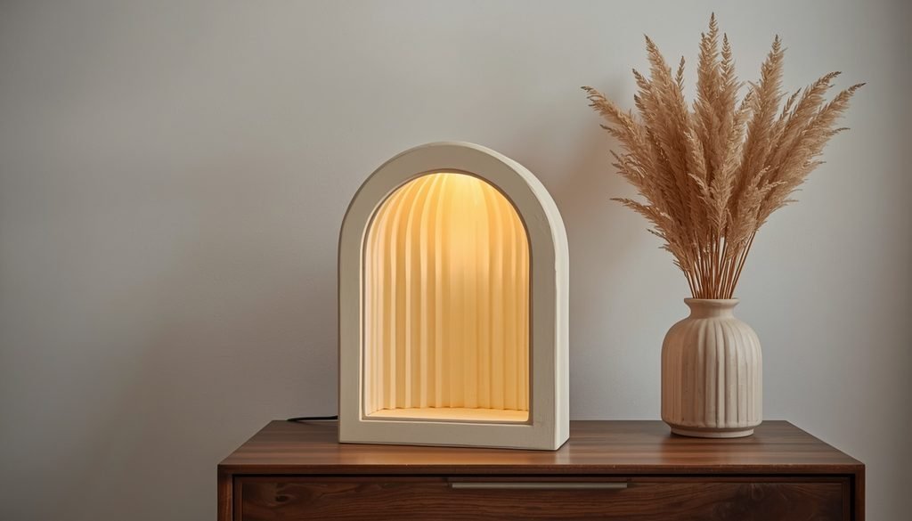 Fluted arch table lamp with warm LED backlighting for modern room decor