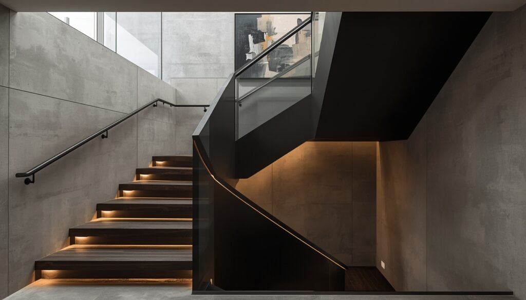 35 Modern House Interior Design Ideas to Upgrade Your Space 8 Industrial staircase with dark wood treads, LED step lights, raw concrete walls, and slim black handrail.