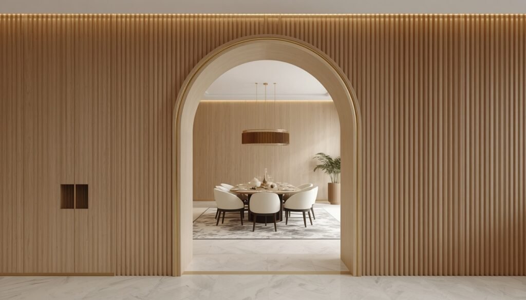 35 Modern House Interior Design Ideas to Upgrade Your Space 9 Wide wood-framed archway connecting living area to dining room with oval table and curved white chairs.