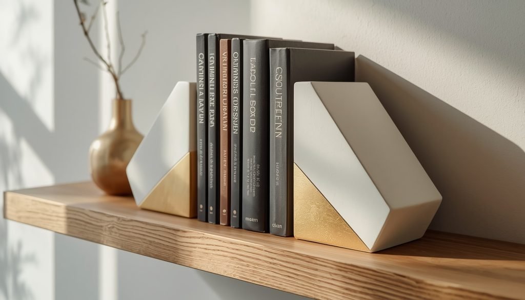 Handmade concrete ceramic bookends with gold geometric accent on bookshelf