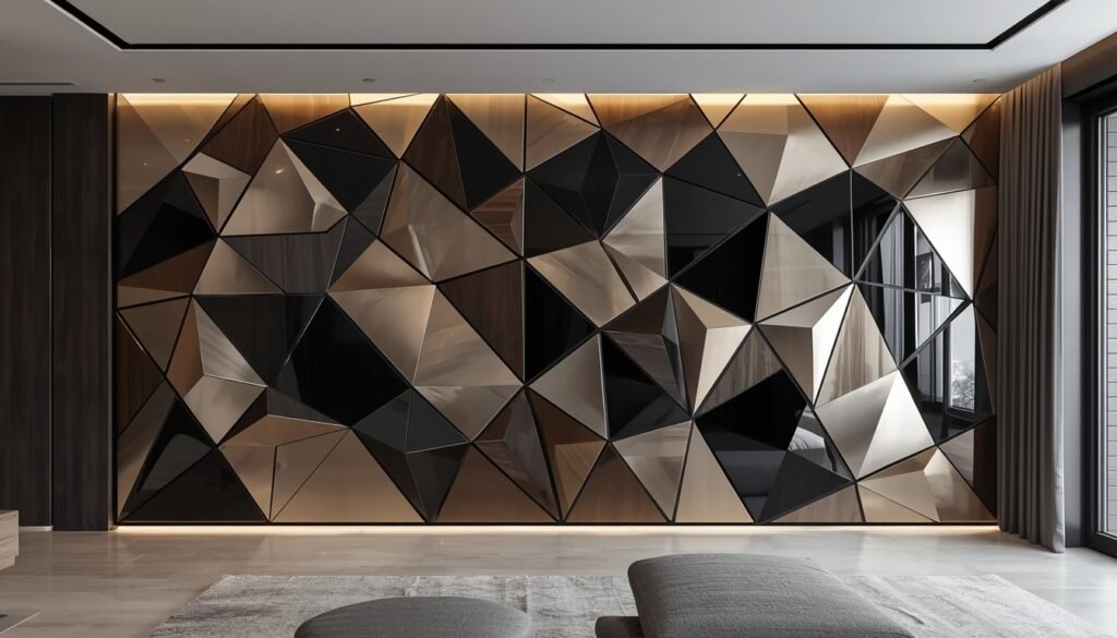 35 Modern House Interior Design Ideas to Upgrade Your Space 10 Living room feature wall with 3D geometric triangular panels in gold, bronze, and black with warm LED strip lights.