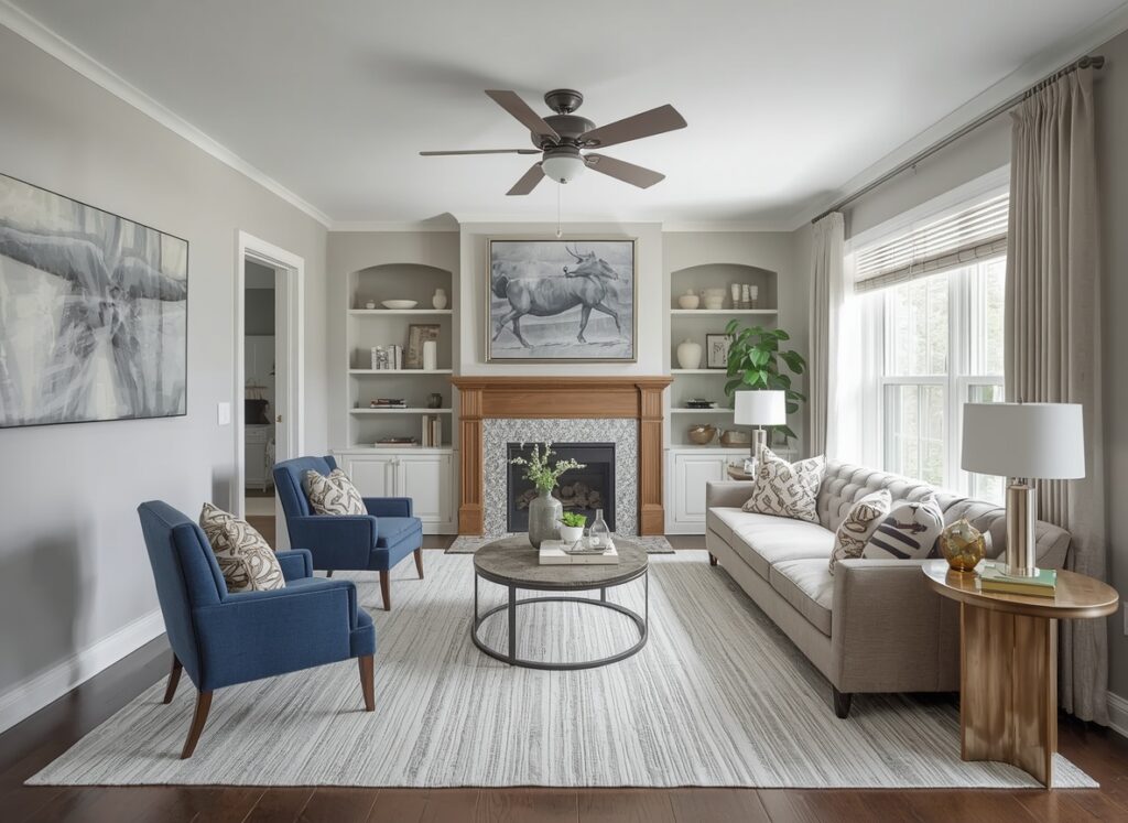living room layout with large area rug connecting furniture