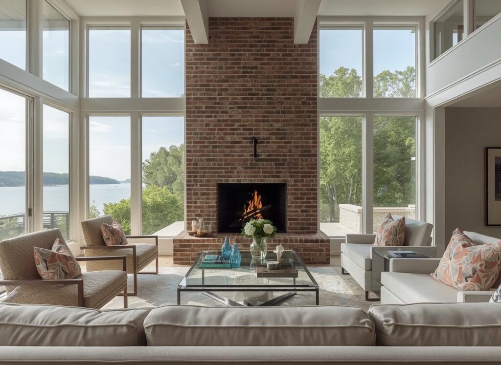 long linear living room layout with center fireplace