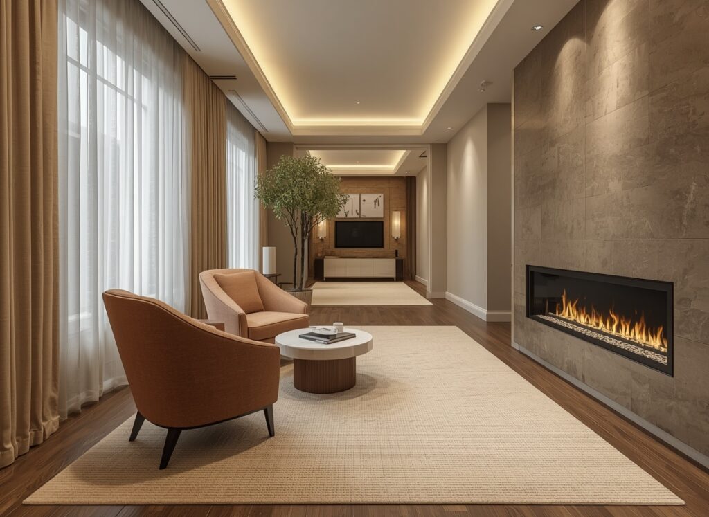 awkward living room layout with a fireplace