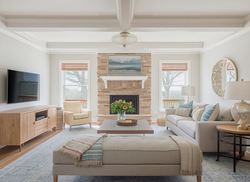 awkward living room layout with a fireplace