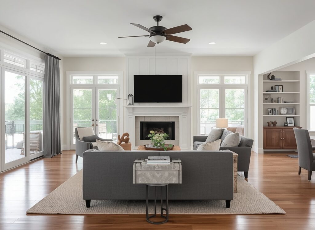 fireplace living room layout with open walking paths