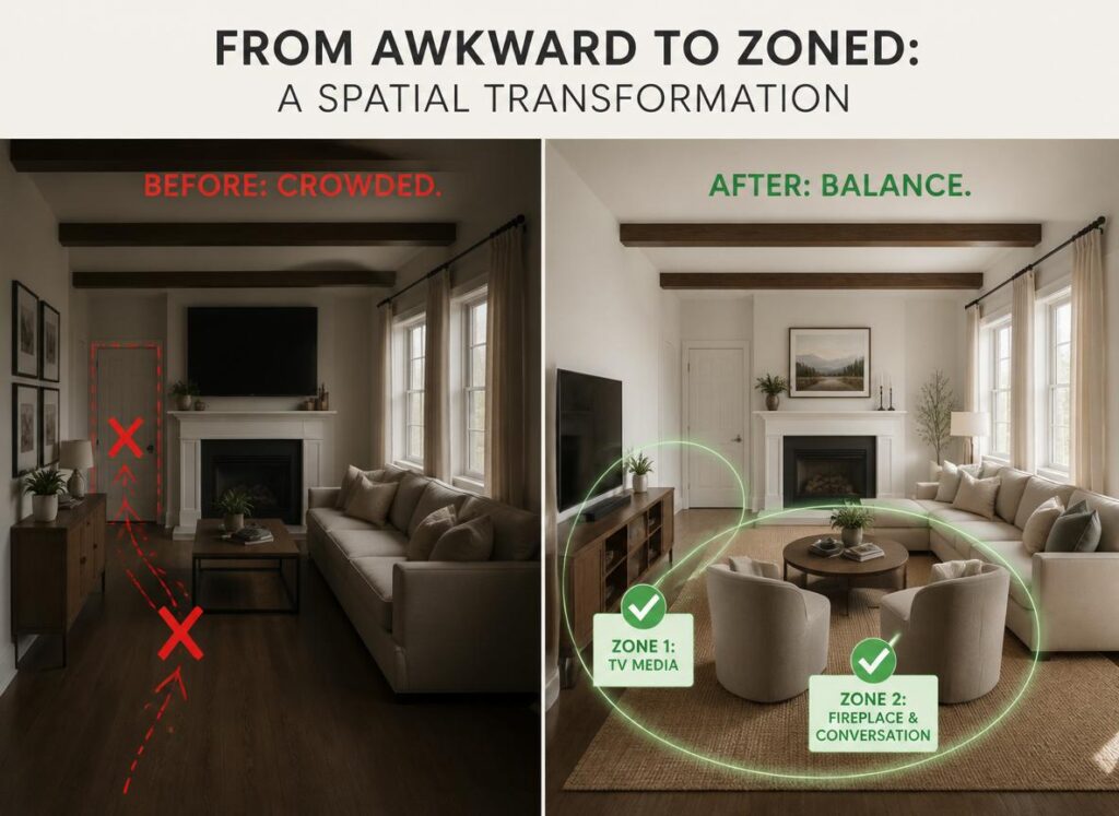 awkward living room layout with a fireplace