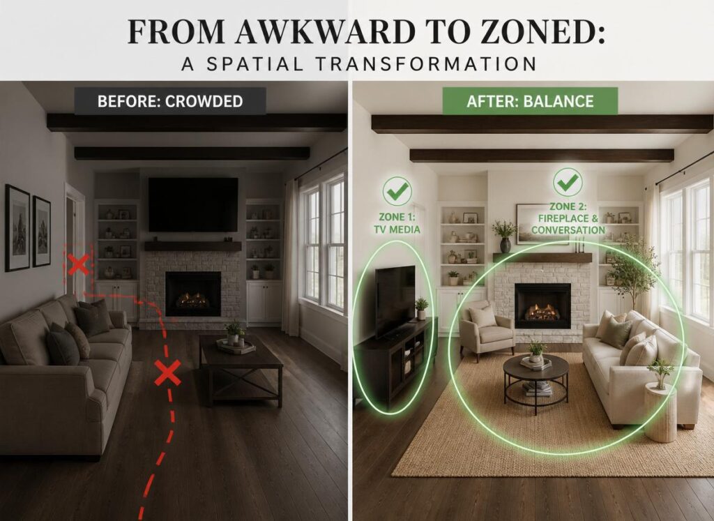 living room layout with awkward fireplace
