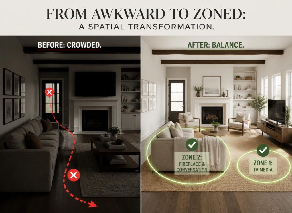 living room layout with awkward fireplace 1