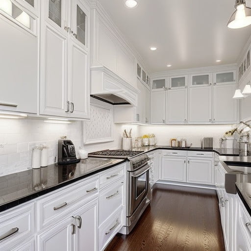 Modern White Kitchen with Black Countertops