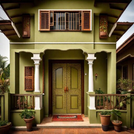 Olive-Green-Tranquility Light gray walls embellished with soothing blue accents along borders, pillars, and shades, harmonized with earthy brown doors, windows, and grills.