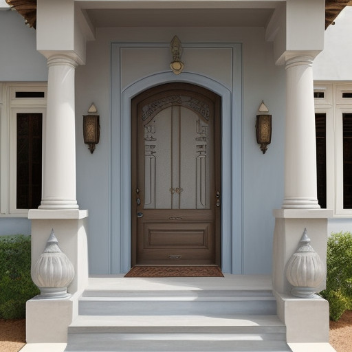 imagine_a_small_indian_house_front_elevation_color_combination_of_light_gray_walls_embellished_with_soothing_blue_accents_along_borders_-3c3b5266-8e59-4df6-923d-c56679a9e9f2 Light gray walls embellished with soothing blue accents along borders, pillars, and shades, harmonized with earthy brown doors, windows, and grills.