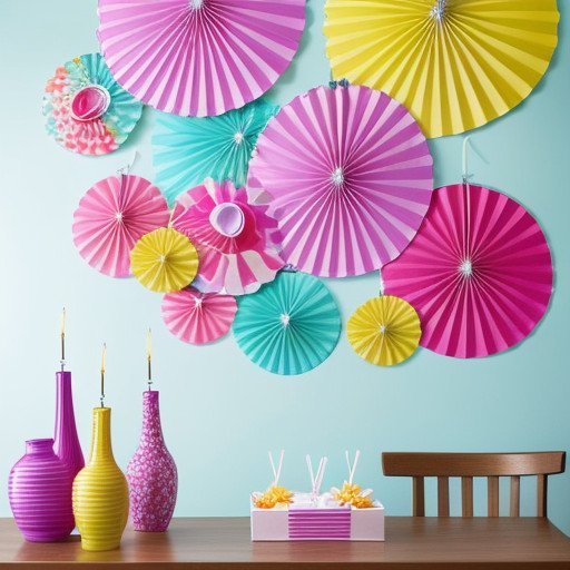 Add a dynamic touch to your Simple Birthday Decoration for the Wall at Home with colorful paper fans hanging from the ceiling or wall