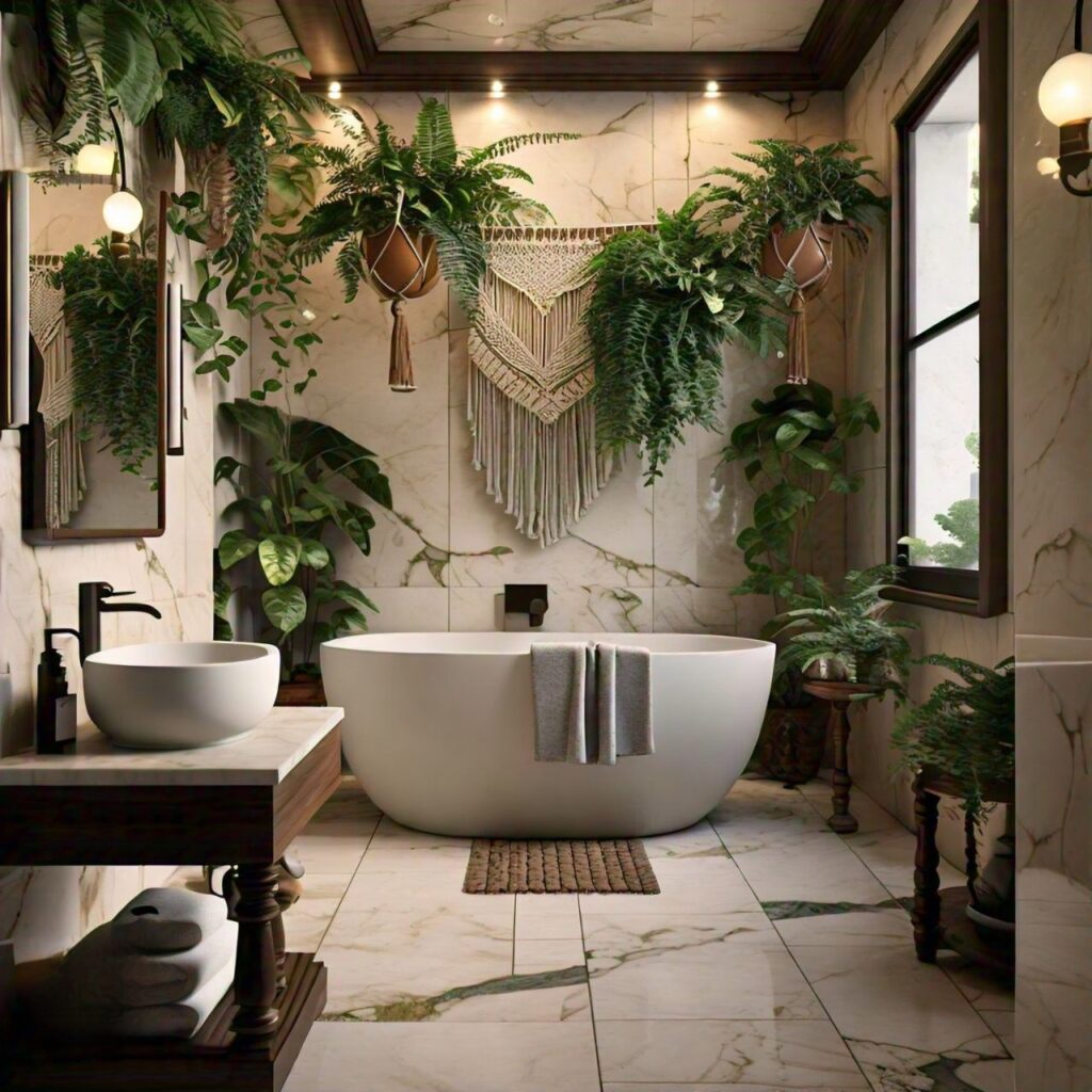 natural materials and plants in bathroom