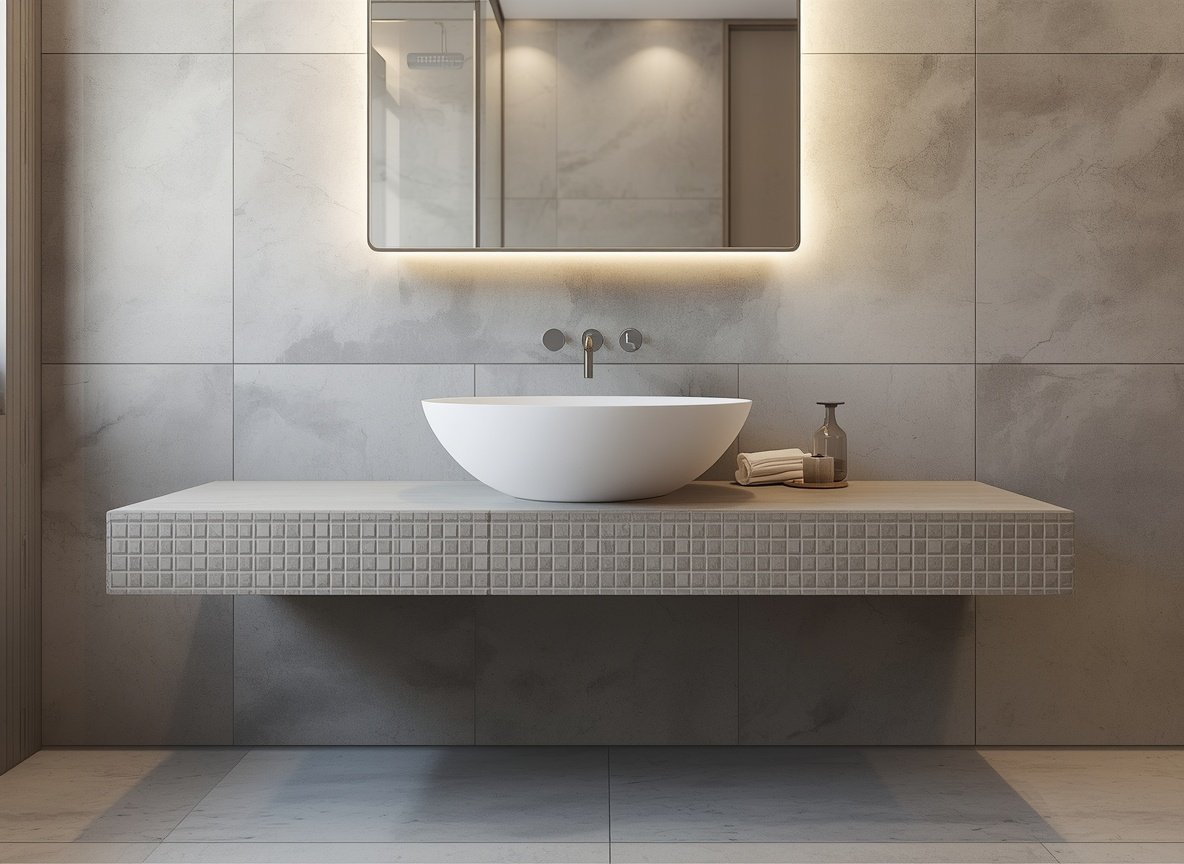 25 Affordable Home Interior Design Ideas on a Low Budget 21 Tiled concrete floating bathroom vanity ledge with counter basin - budget friendly bathroom interior