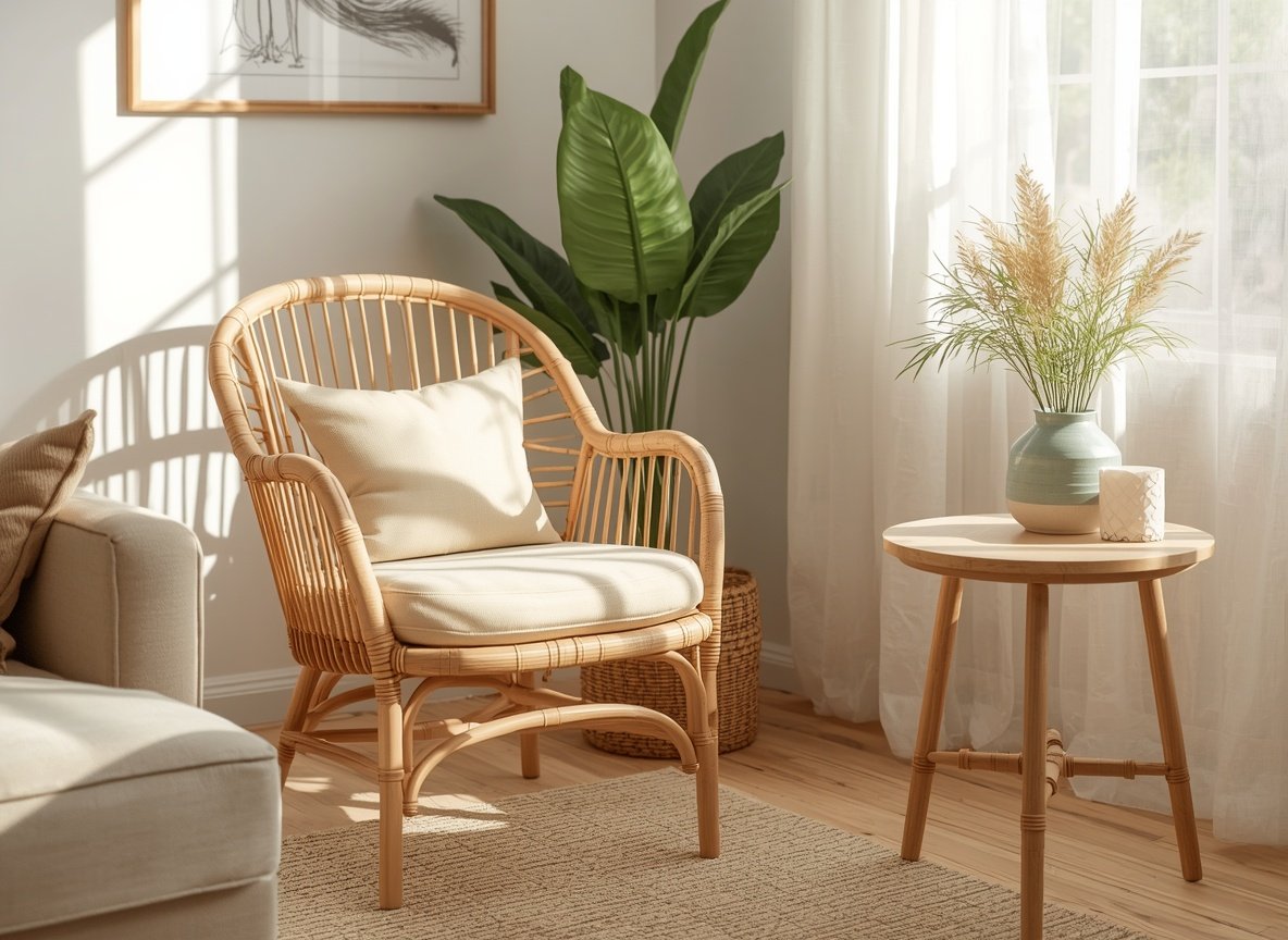 25 Affordable Home Interior Design Ideas on a Low Budget 26 Natural rattan cane accent chair in modern living room - budget friendly home styling ideas