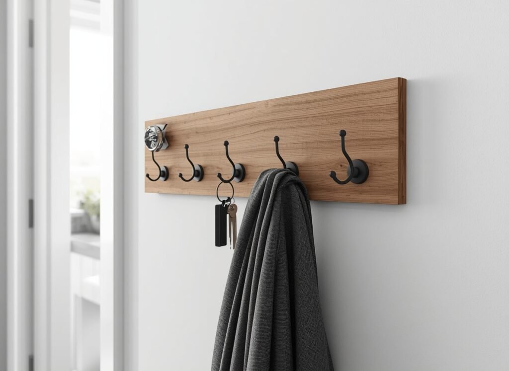 25 Affordable Home Interior Design Ideas on a Low Budget 6 DIY wooden pegboard key and coat organizer with metal hooks - low cost home interior design ideas
