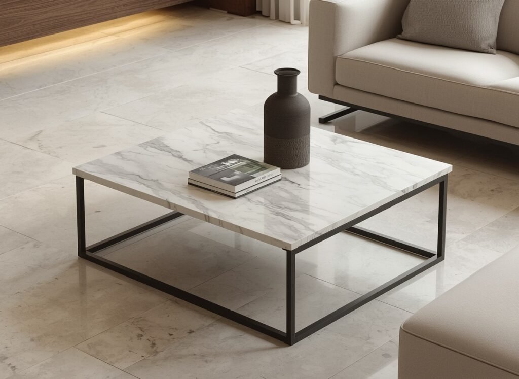 25 Affordable Home Interior Design Ideas on a Low Budget 8 Black metal frame coffee table with marble finish top - pocket friendly interior design ideas