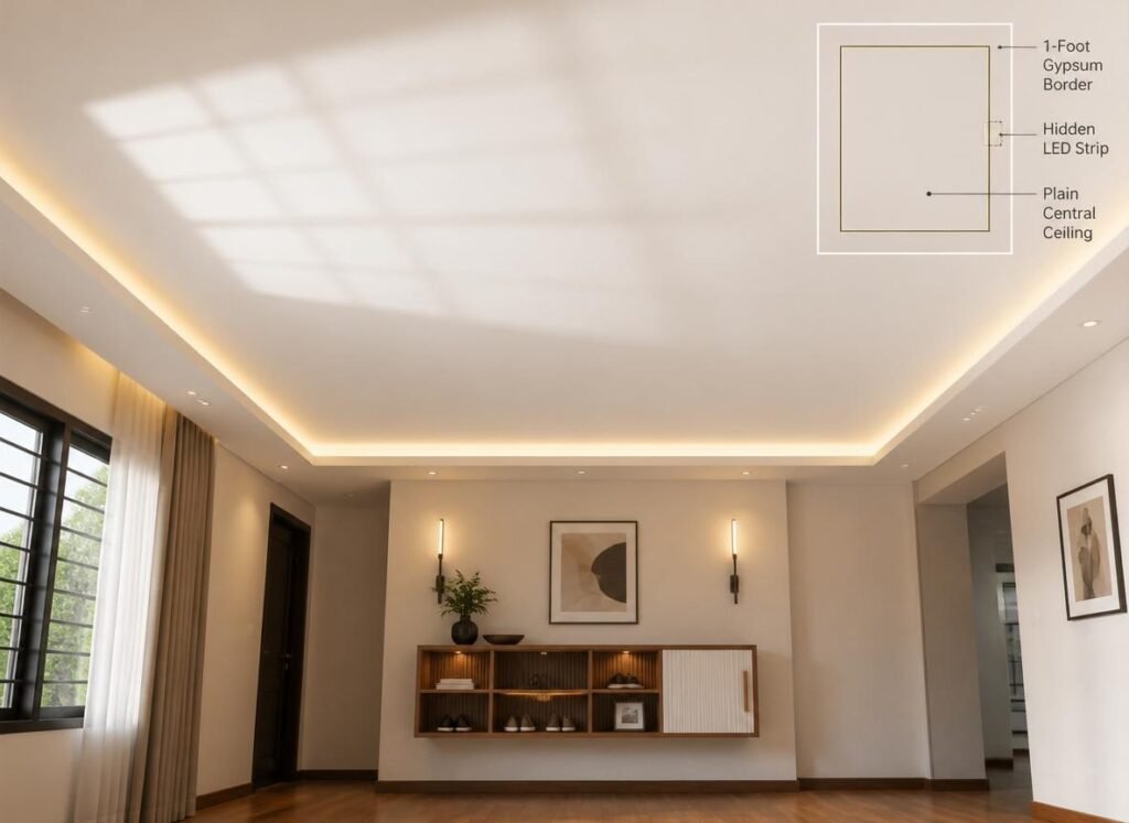 25 Affordable Home Interior Design Ideas on a Low Budget 10 Gypsum board perimeter false ceiling with hidden LED strip lighting - low budget home interior decor