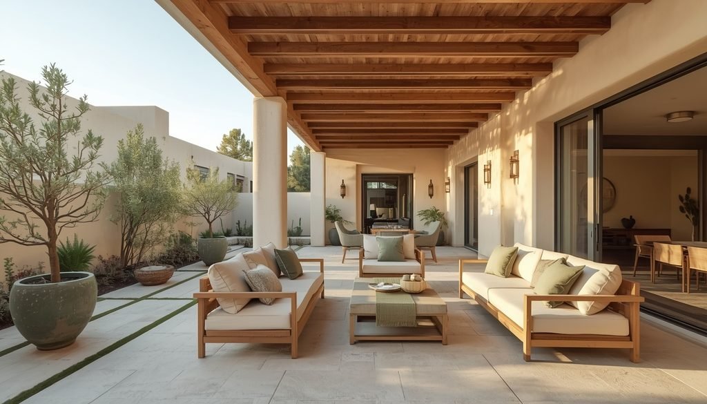 Modern outdoor cream patio featuring olive green cushions and terracotta pots