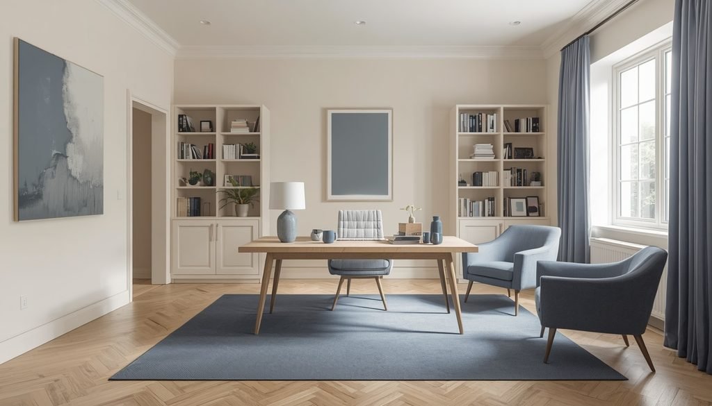 Cream home office desk decorated with slate blue accessories and table lamp