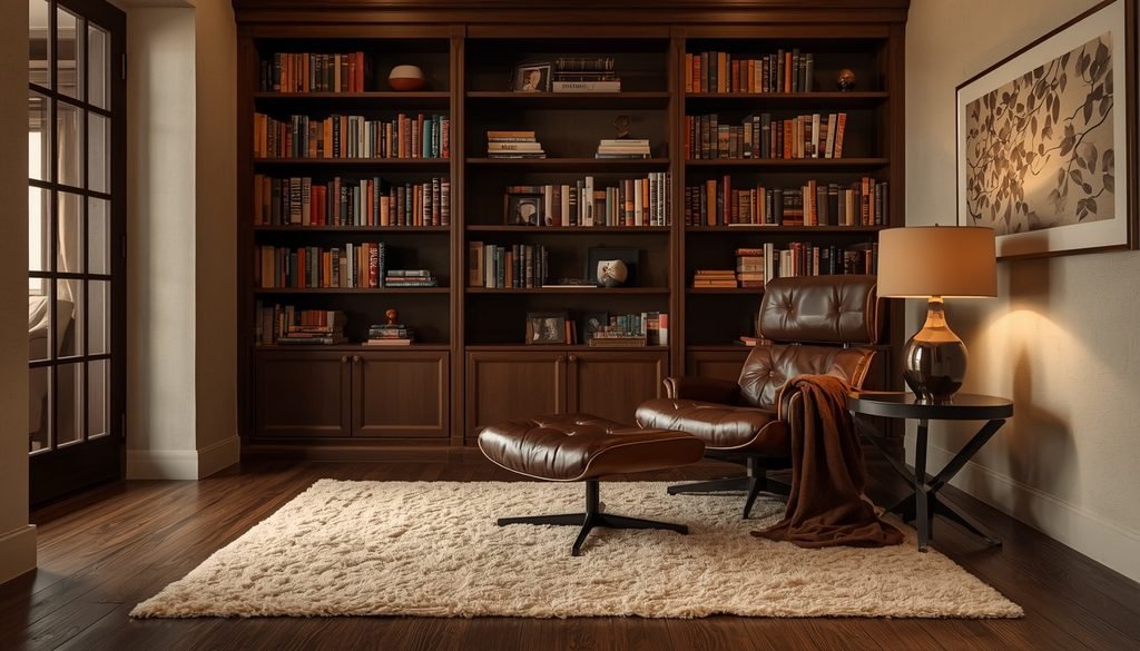 Cream reading lounge with a deep espresso brown leather ottoman and wool throw