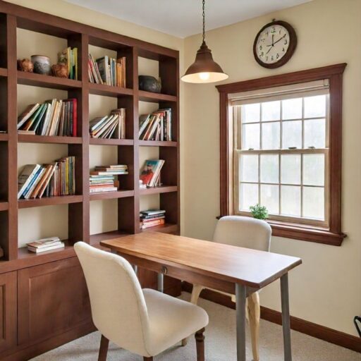 Cream walls and brown shelving for study room.