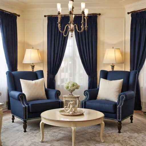 Cream walls with navy curtains for drawing room