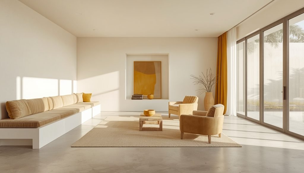 Sunlit cream room with muted mustard yellow cushions and ochre ceramic bowls