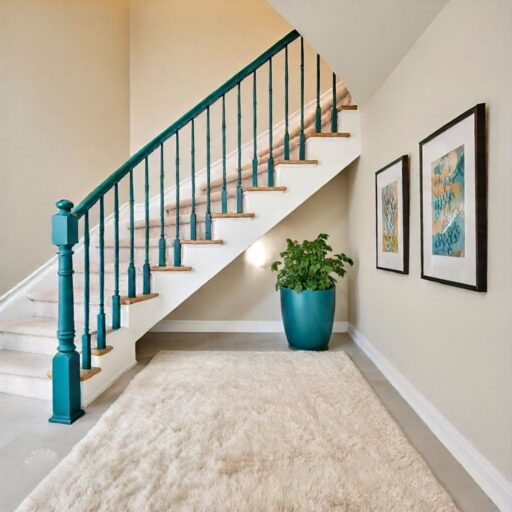 Cream walls and teal railing for stairs area