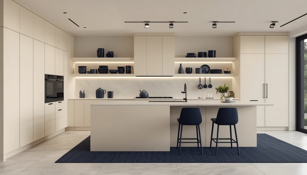 Sleek cream kitchen with midnight blue dishware on open shelves and navy rug