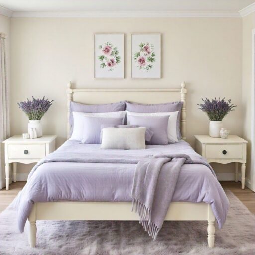 Cream walls with lavender accents, a perfect blend for cream minimalist decor. for guest bedroom