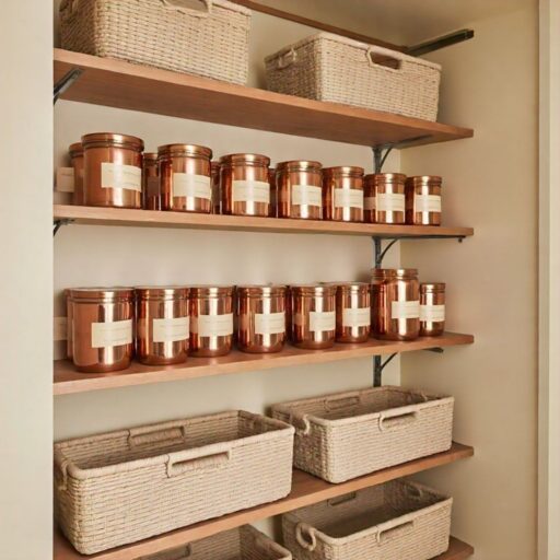 Cream walls with copper shelving for kitchen pentry