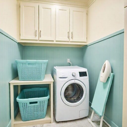 Cream walls with aqua trim for laundry room