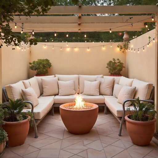 Cream walls with terracotta tiles in backyard patio