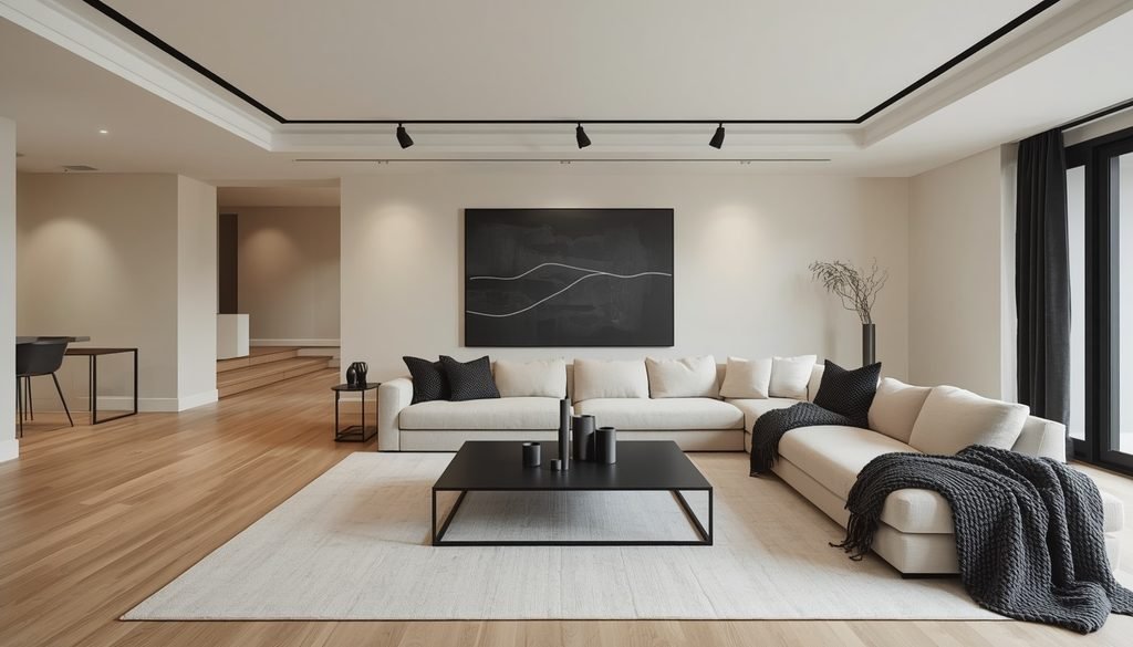 Modern cream lounge featuring charcoal gray throws and black candle holders