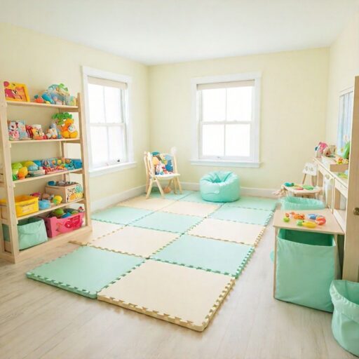 Cream walls with mint accents in kids play area