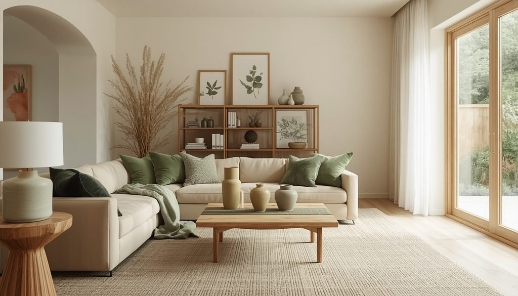 Cream studio setup with sage green velvet pillows and botanical wall art