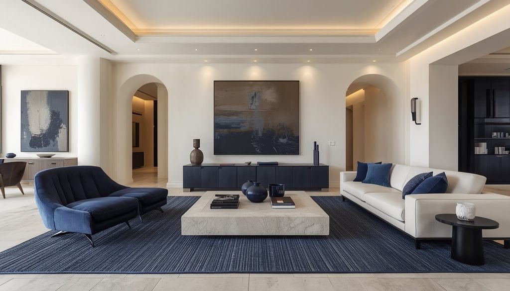 Luxurious cream room styled with a deep navy area rug and blue accent chair