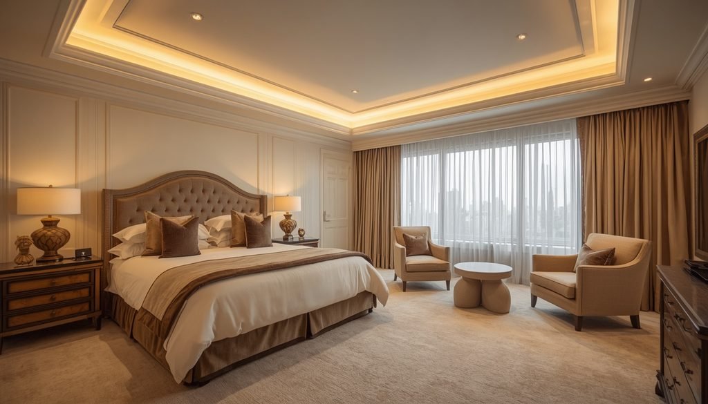 Serene cream master bedroom with layered taupe duvet and greige drapes