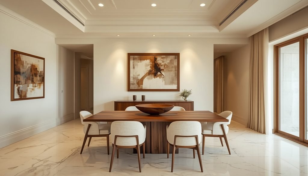 Cream dining room decorated with dark walnut table, chairs, and wood frames